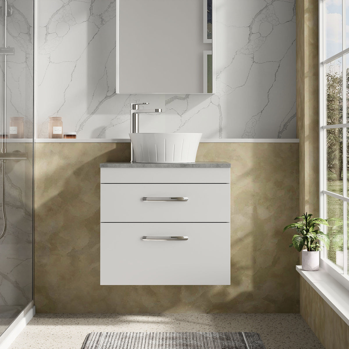 Modern Splash 600mm Gloss White 2 Drawer Wall Hung Vanity Unit With Bellato Grey Worktop