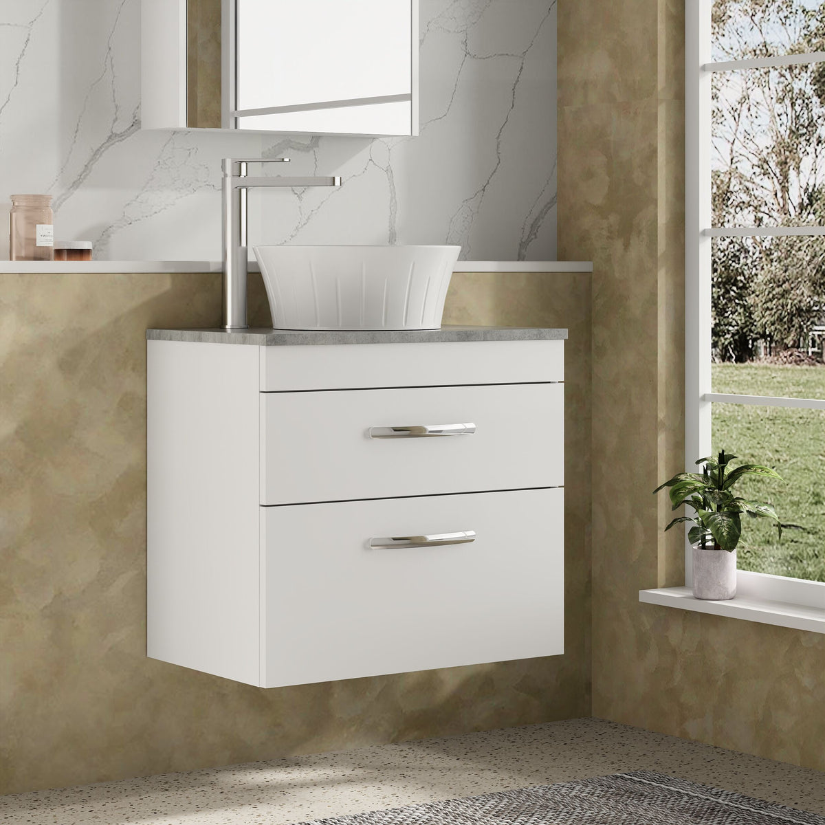 Modern Splash 600mm Gloss White 2 Drawer Wall Hung Vanity Unit With Bellato Grey Worktop