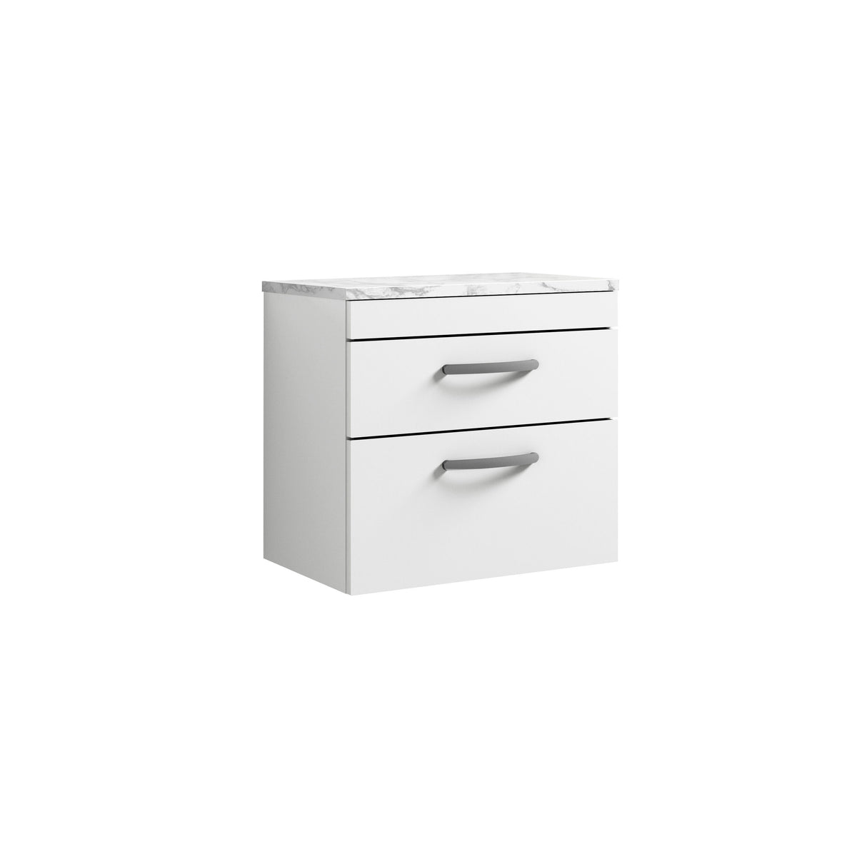 Modern Splash 600mm Gloss White 2 Drawer Wall Hung Vanity Unit With Carrara Laminate Worktop