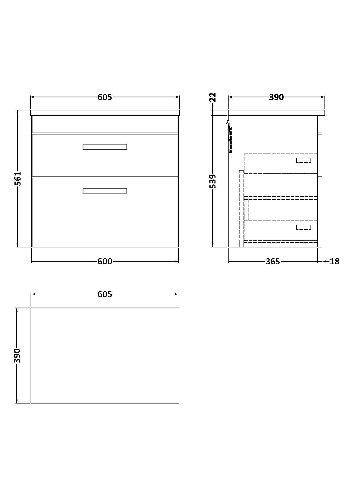 Modern Splash 600mm Gloss White 2 Drawer Wall Hung Vanity Unit With Carrara Laminate Worktop