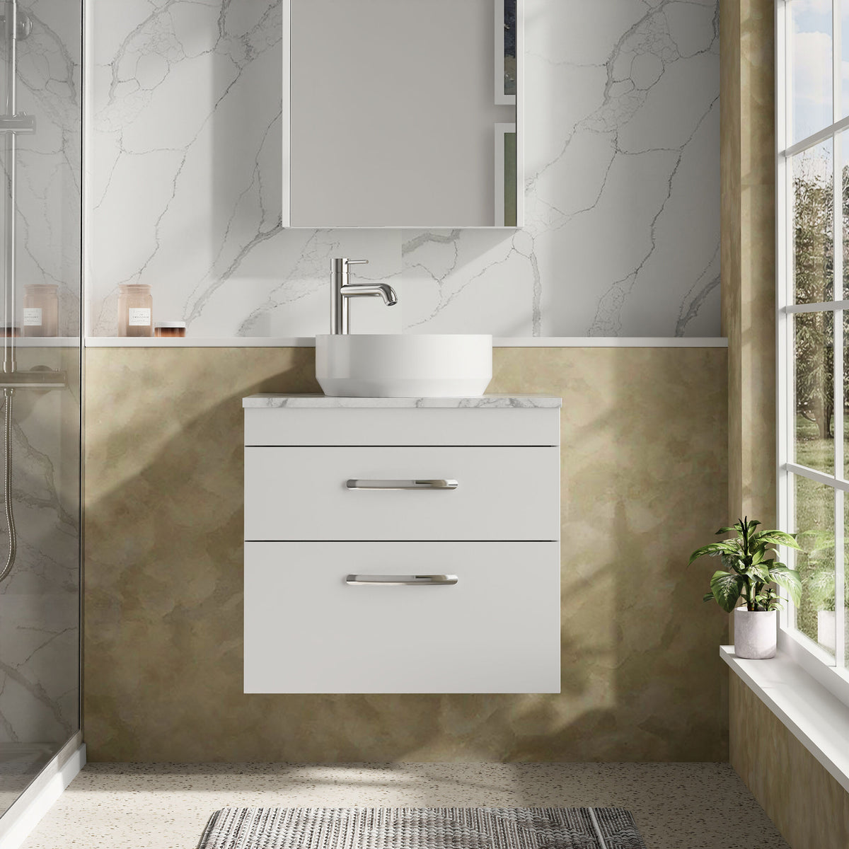 Modern Splash 600mm Gloss White 2 Drawer Wall Hung Vanity Unit With Carrara Laminate Worktop