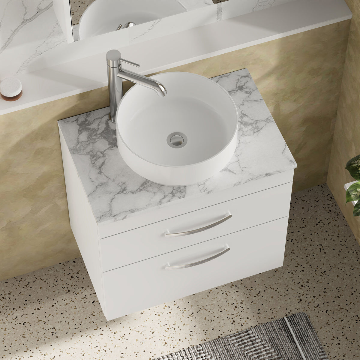 Modern Splash 600mm Gloss White 2 Drawer Wall Hung Vanity Unit With Carrara Laminate Worktop