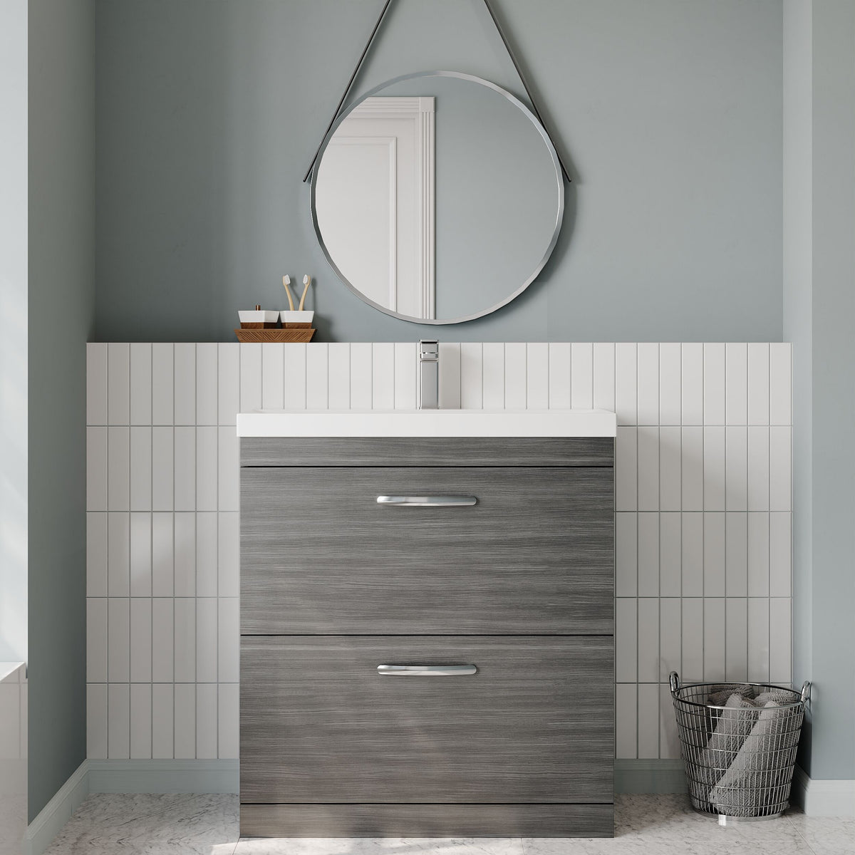 Modern Splash 800mm Anthracite Woodgrain 2 Drawer Floor Standing Vanity Unit With Thin Edge Basin