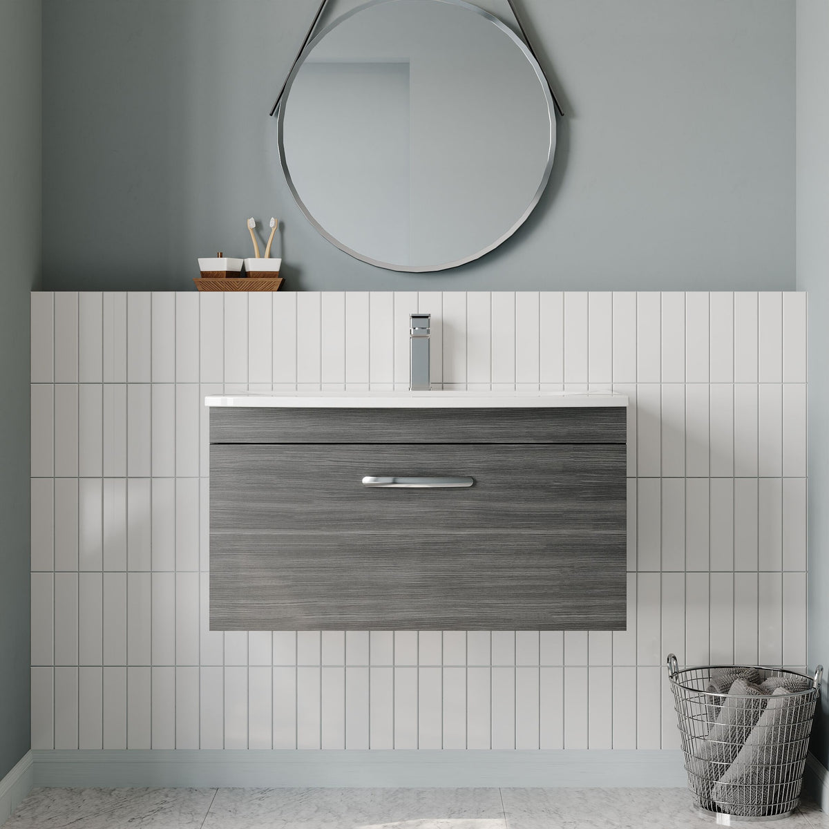 Modern Splash 800mm Anthracite Woodgrain 1 Drawer Wall Hung Vanity Unit With Curved Basin