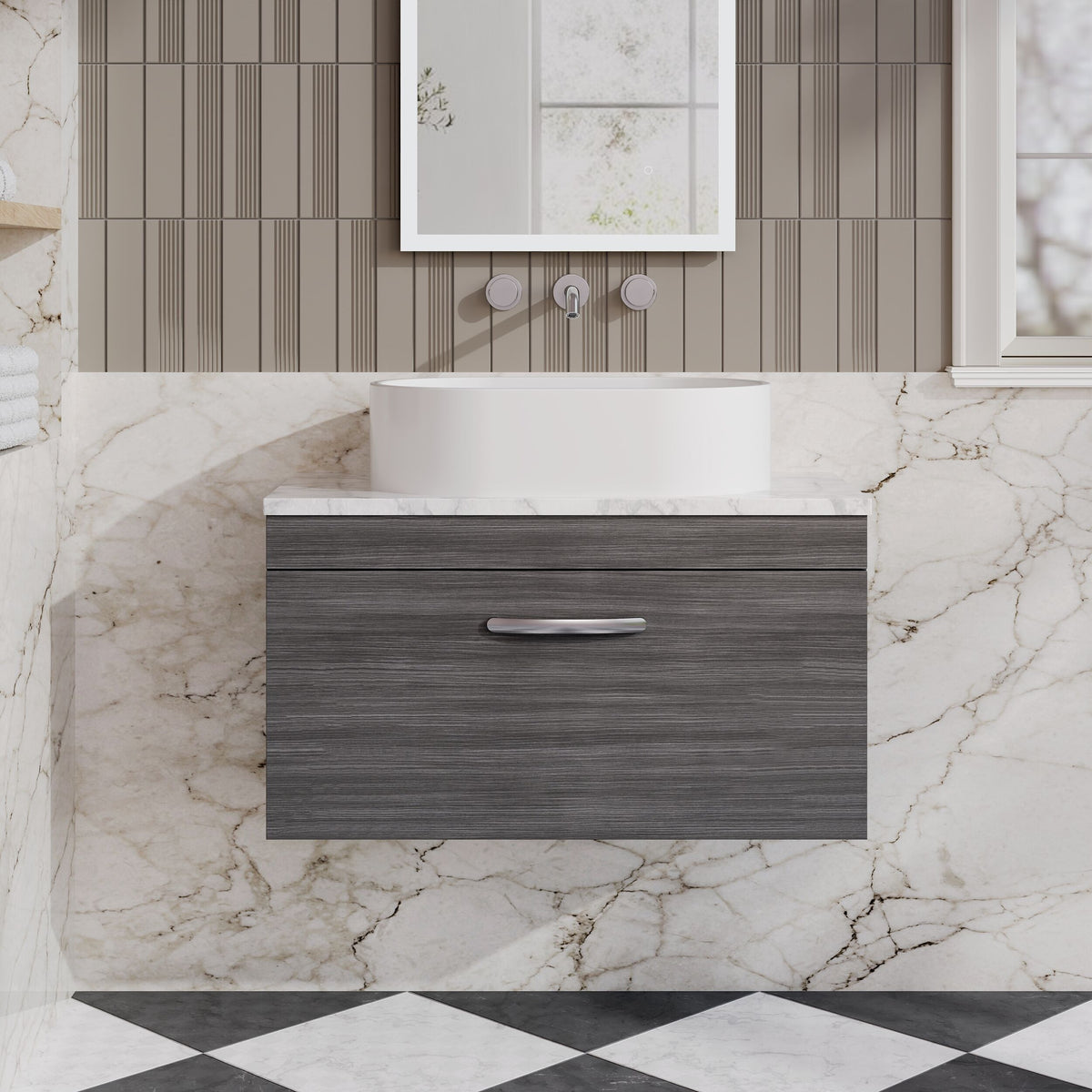 Modern Splash 800mm Anthracite Woodgrain 1 Drawer Wall Hung Vanity Unit With Carrara Laminate Worktop
