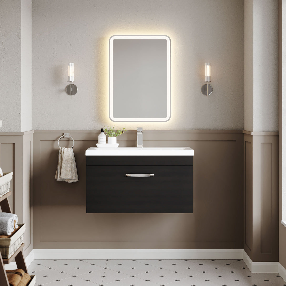 Modern Splash 800mm Charcoal Black 1 Drawer Wall Hung Vanity Unit With Mid-Edge Basin