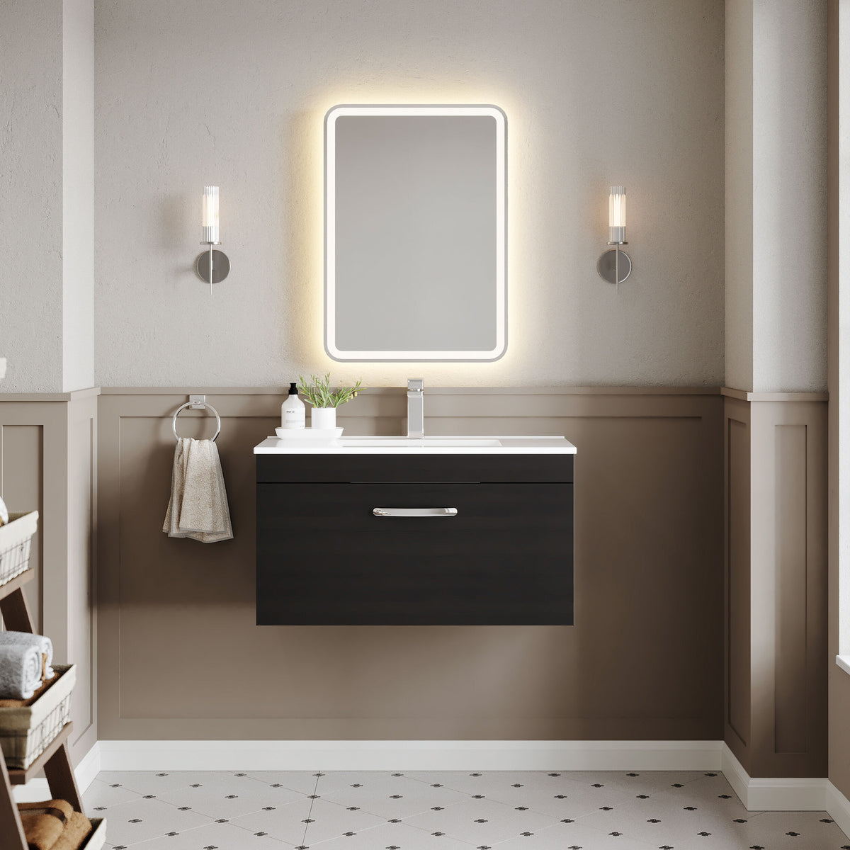 Modern Splash 800mm Charcoal Black 1 Drawer Wall Hung Vanity Unit With Minimalist Basin