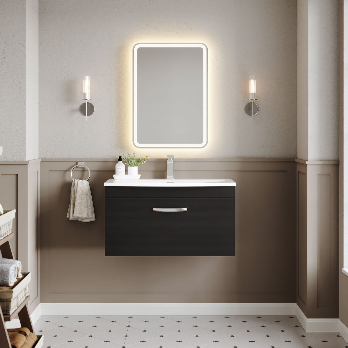 Modern Splash 800mm Charcoal Black 1 Drawer Wall Hung Vanity Unit With Curved Basin
