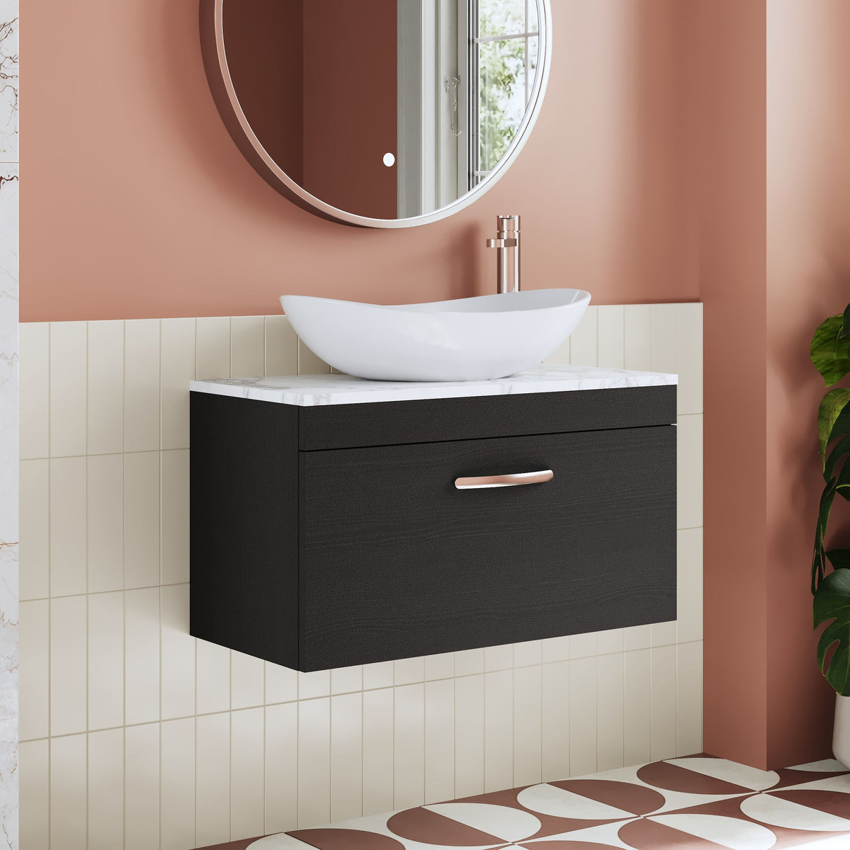 Modern Splash 800mm Charcoal Black 1 Drawer Wall Hung Vanity Unit With Carrara Laminate Worktop