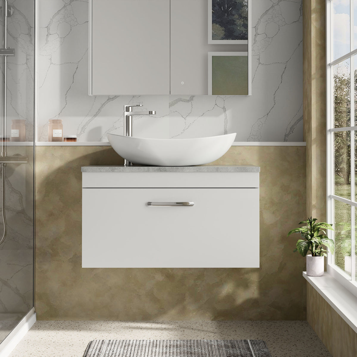 Modern Splash 800mm Gloss White Gloss White Wall Hung Vanity Unit With Bellato Grey Worktop