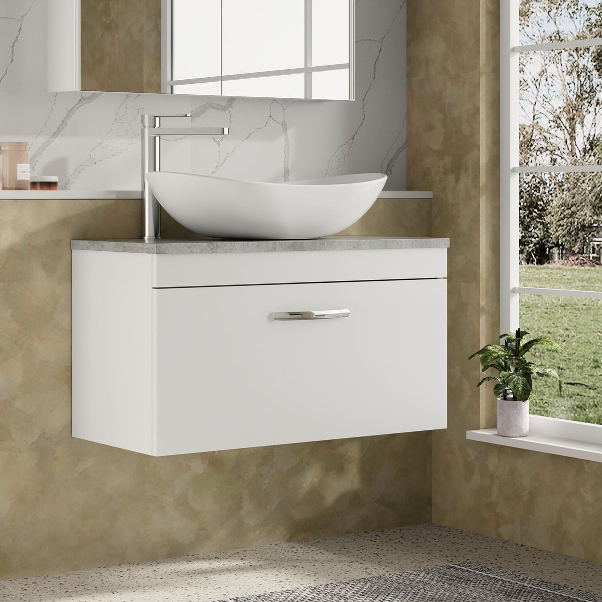 Modern Splash 800mm Gloss White Gloss White Wall Hung Vanity Unit With Bellato Grey Worktop