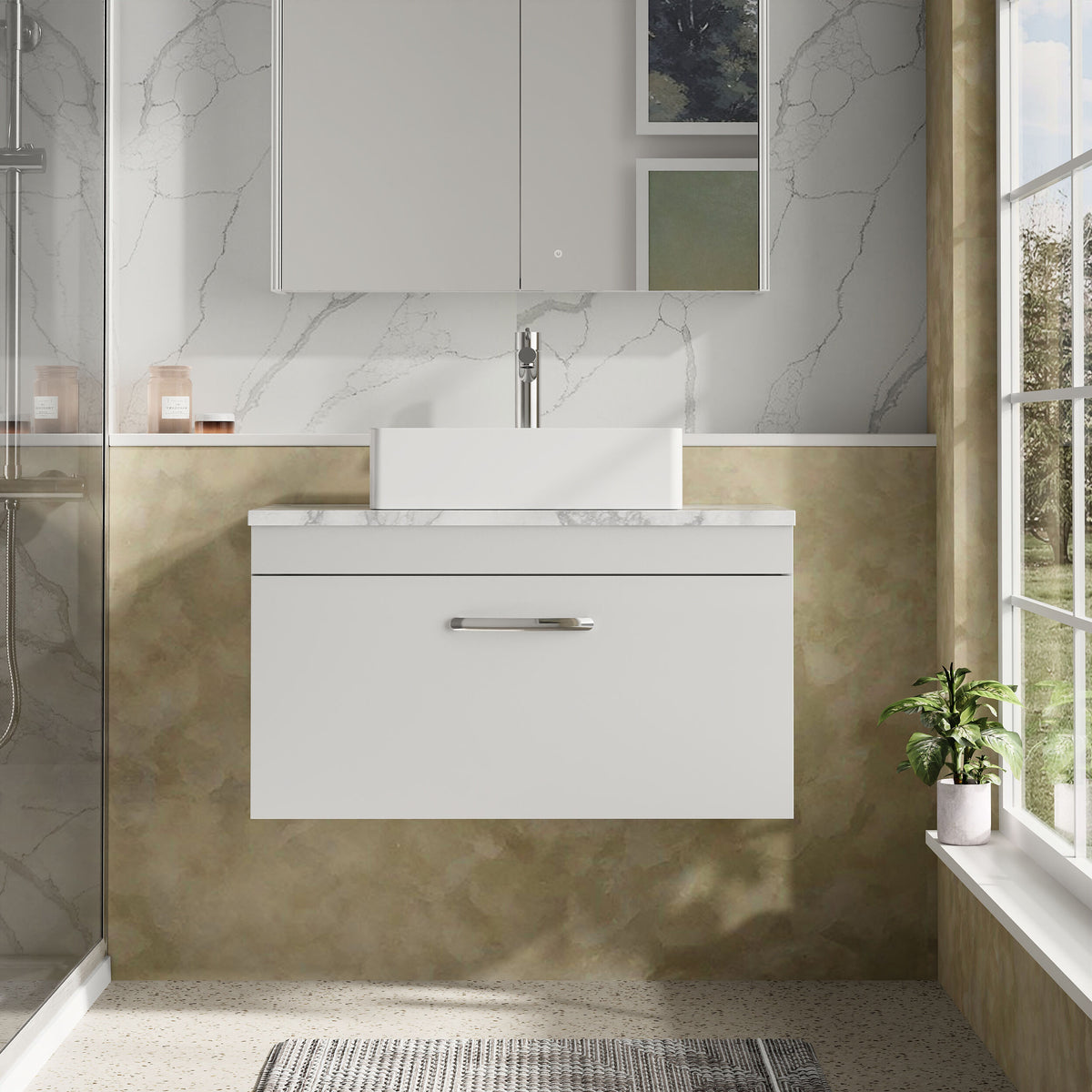 Modern Splash 800mm Gloss White 1 Drawer Wall Hung Vanity Unit With Carrara Laminate Worktop