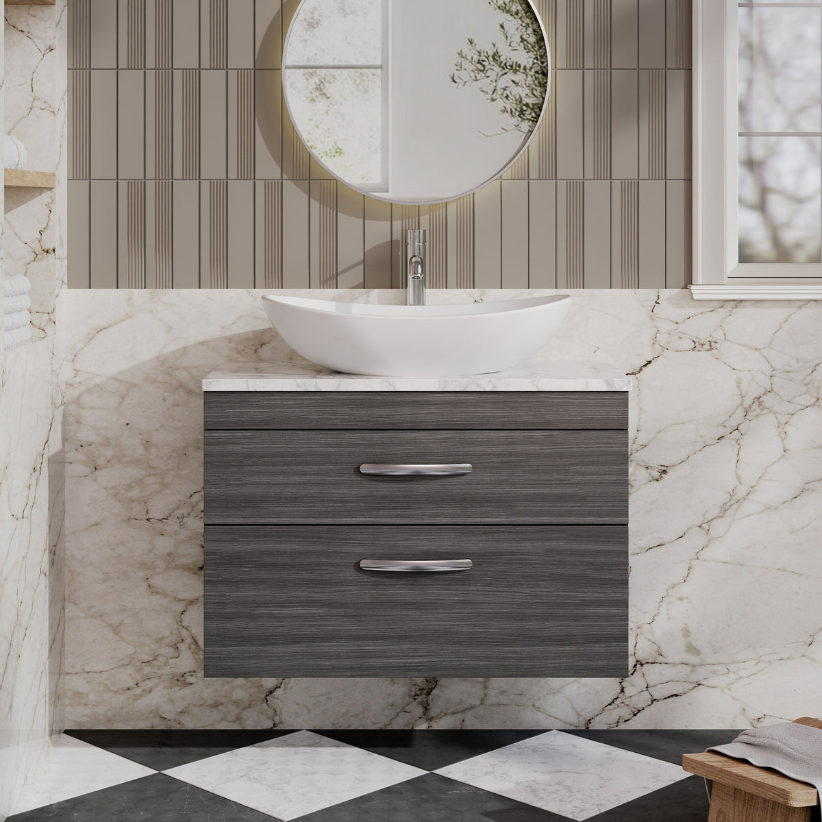Modern Splash 805mm 2 Drawer Wall Hung Vanity Unit With Carrara Laminate Worktop