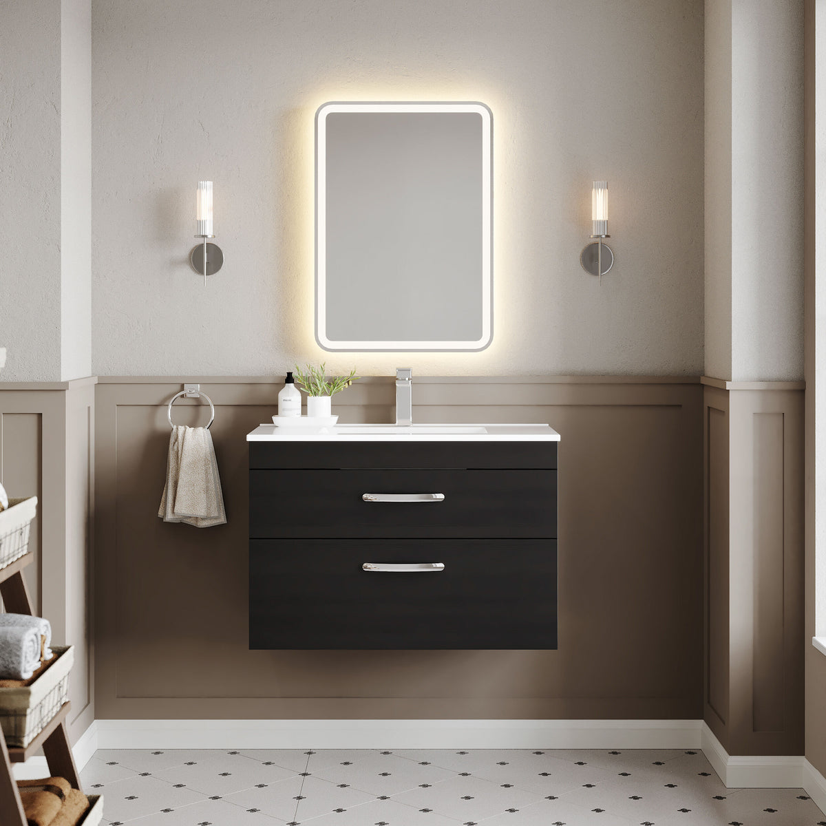 Modern Splash 800mm Charcoal Black 2 Drawer Wall Hung Vanity Unit With Minimalist Basin