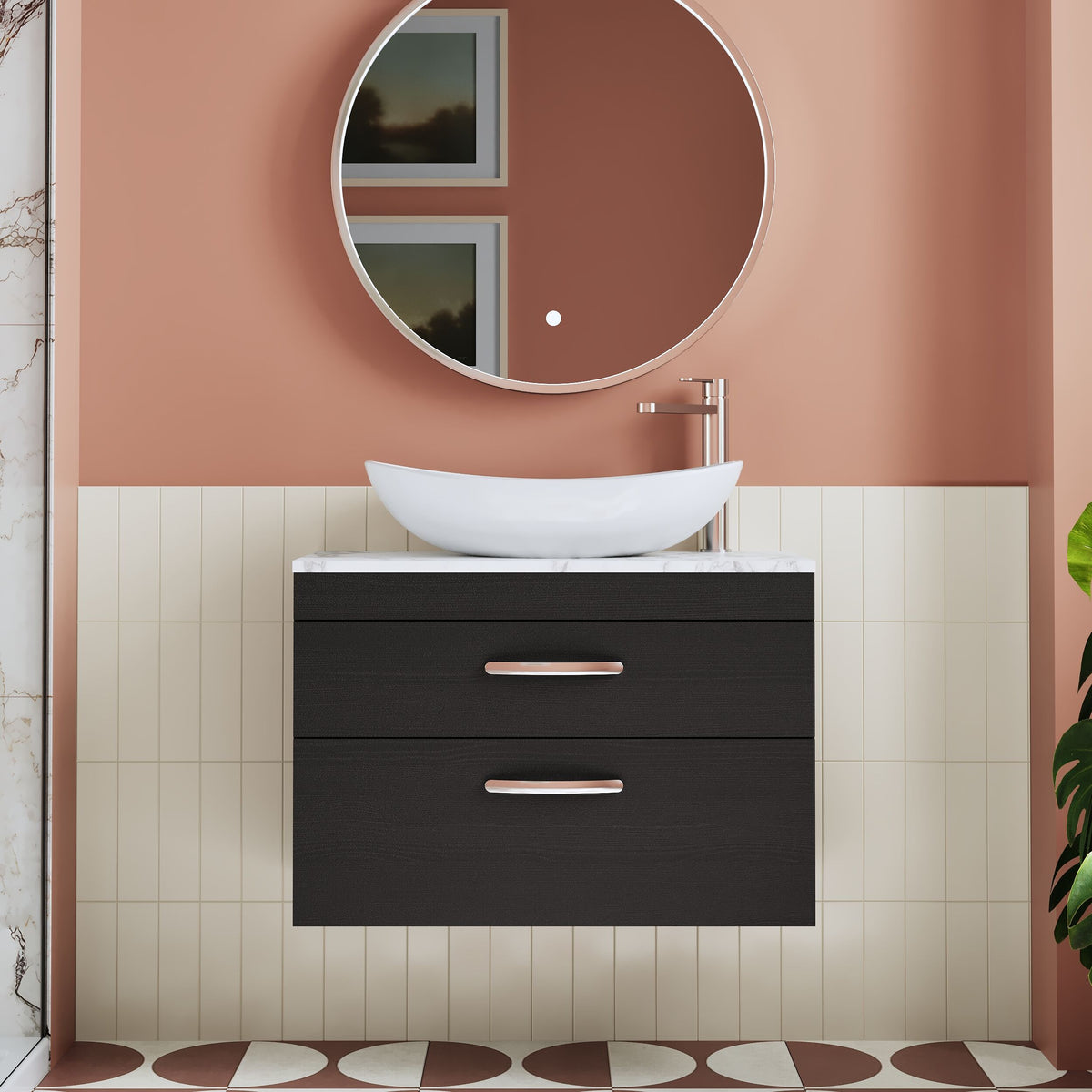 Modern Splash 800mm Charcoal Black 2 Drawer Wall Hung Vanity Unit With Carrara Laminate Worktop