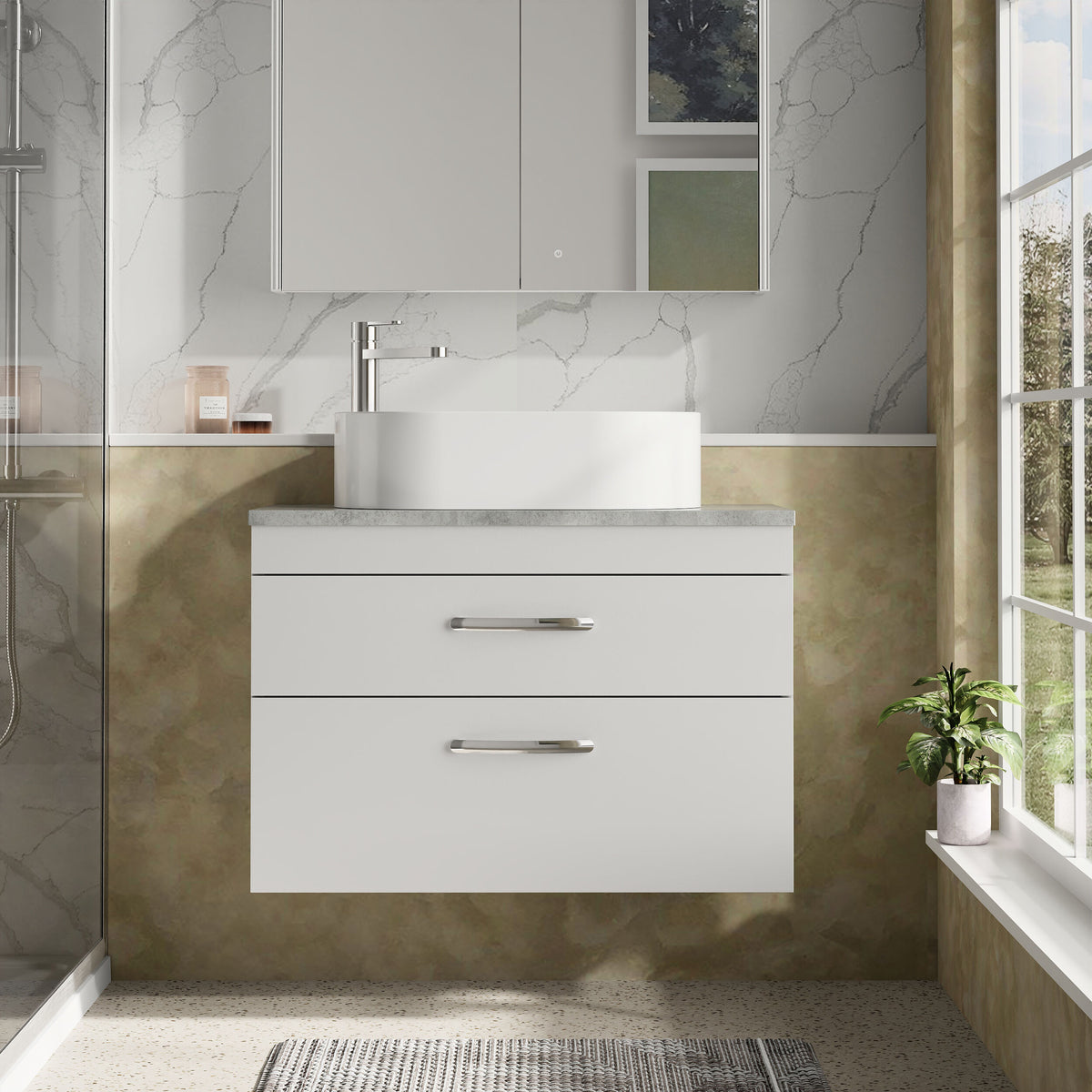 Modern Splash 800mm Gloss White 2 Drawer Wall Hung Vanity Unit With Bellato Grey Worktop