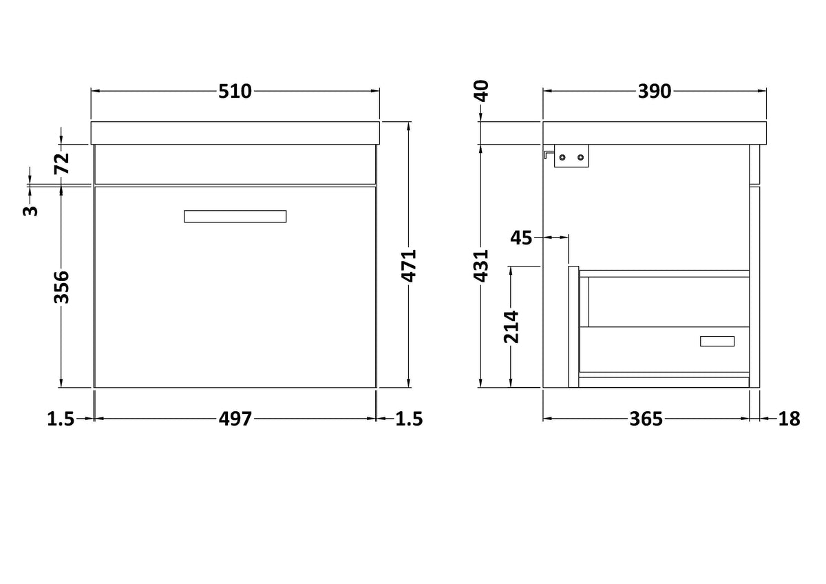 Modern Splash 500mm Gloss Grey 1 Drawer Wall Hung Cabinet With Mid-Edge Basin