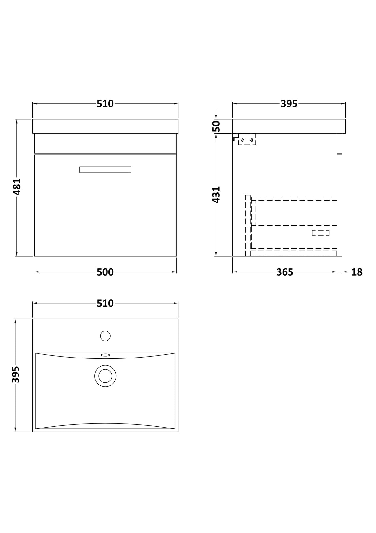 Modern Splash 500mm Gloss Grey 1 Drawer Wall Hung Cabinet With Thin Edge Basin