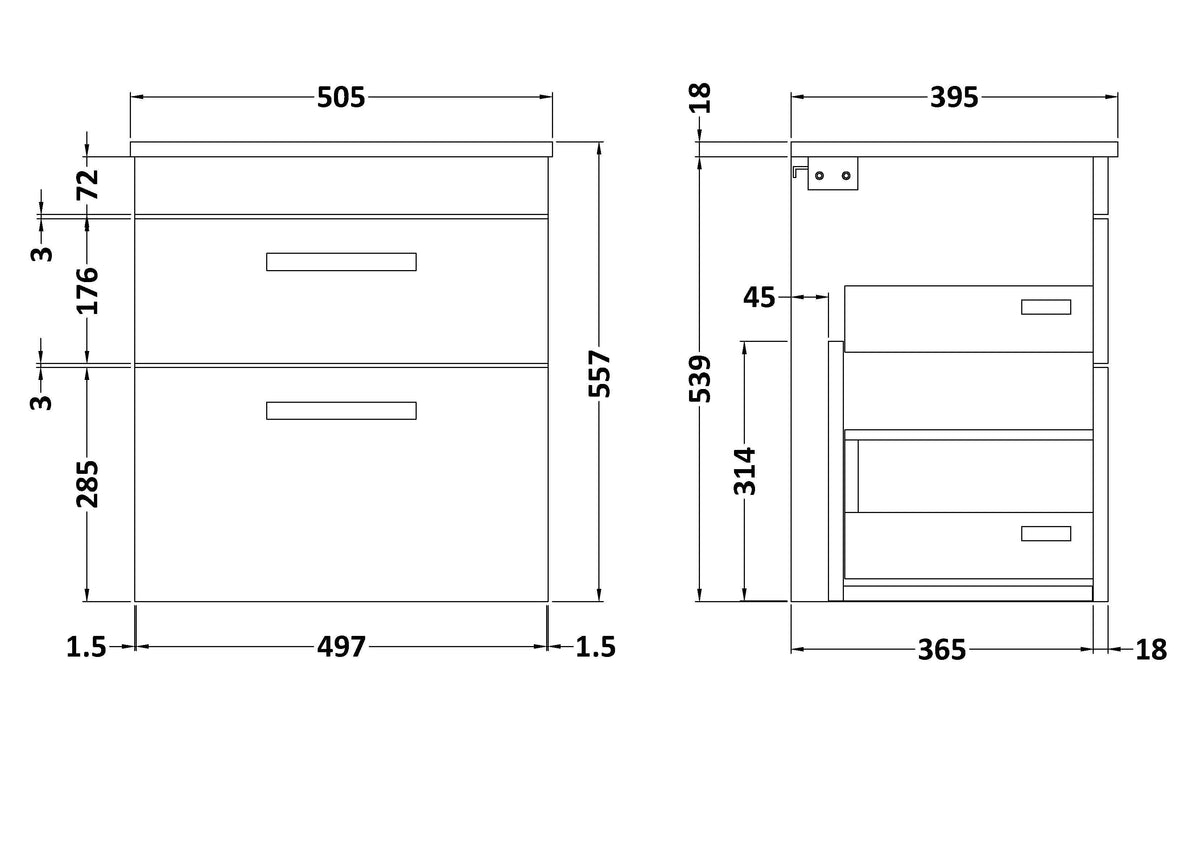 Modern Splash 500mm Gloss Grey 2 Drawer Wall Hung Cabinet With Minimalist Basin