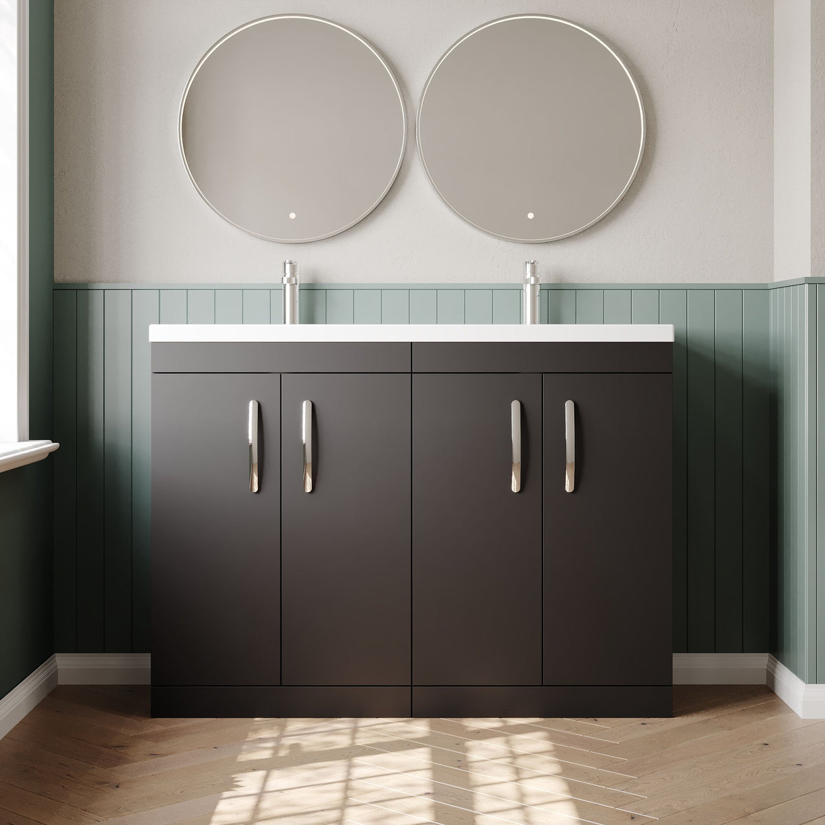 Modern Splash 1200mm Gloss Grey 4 Door Floor Standing Cabinet With 2 Tap Hole Ceramic Basin