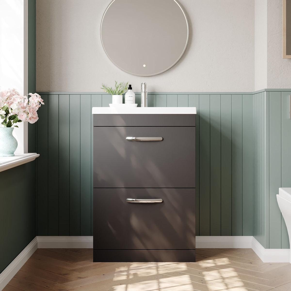 Modern Splash 600mm Gloss Grey 2 Drawer Floor Standing Cabinet With Mid-Edge Basin