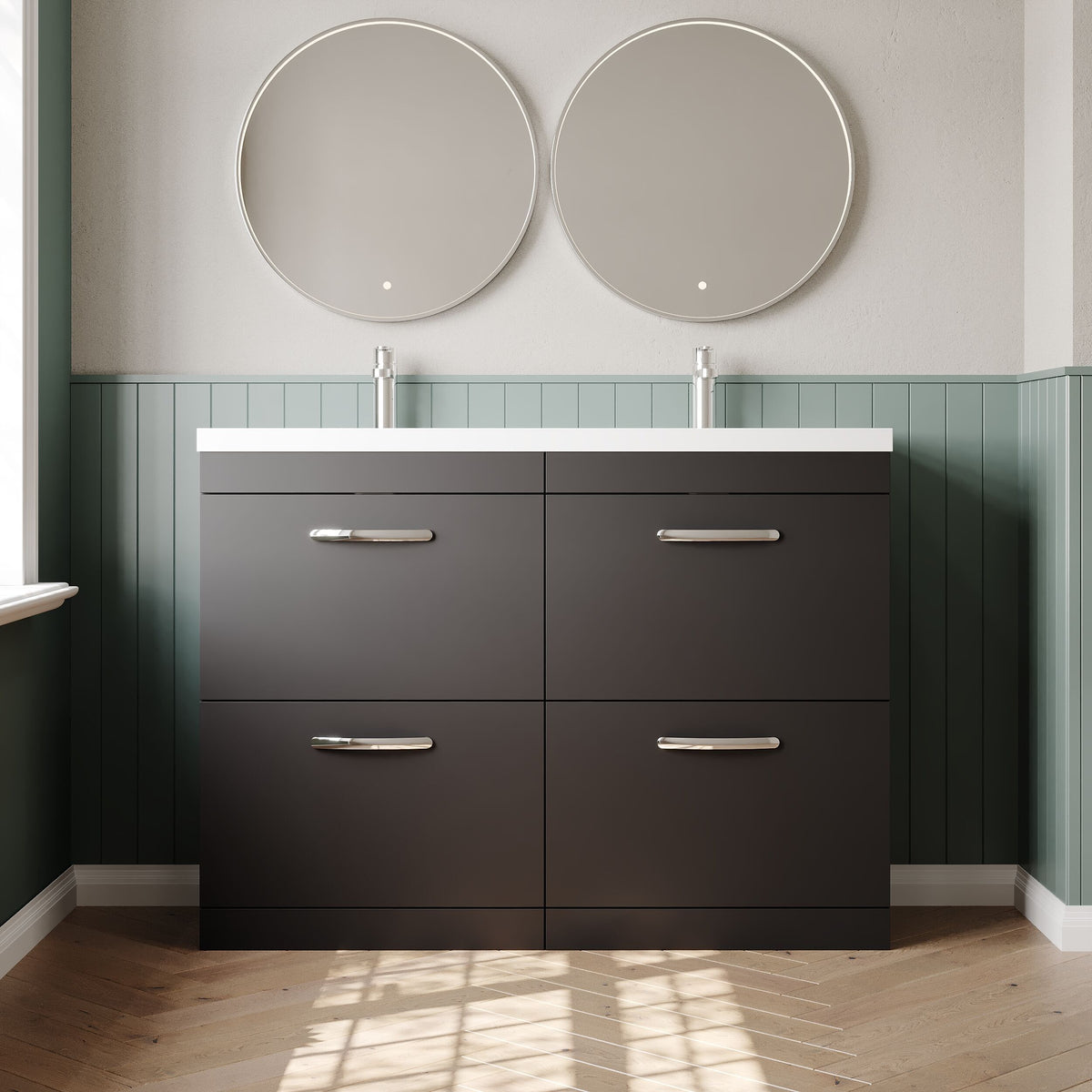 Modern Splash 1200mm Gloss Grey 4 Drawer Floor Standing Cabinet With 2 Tap Hole Polymarble basin
