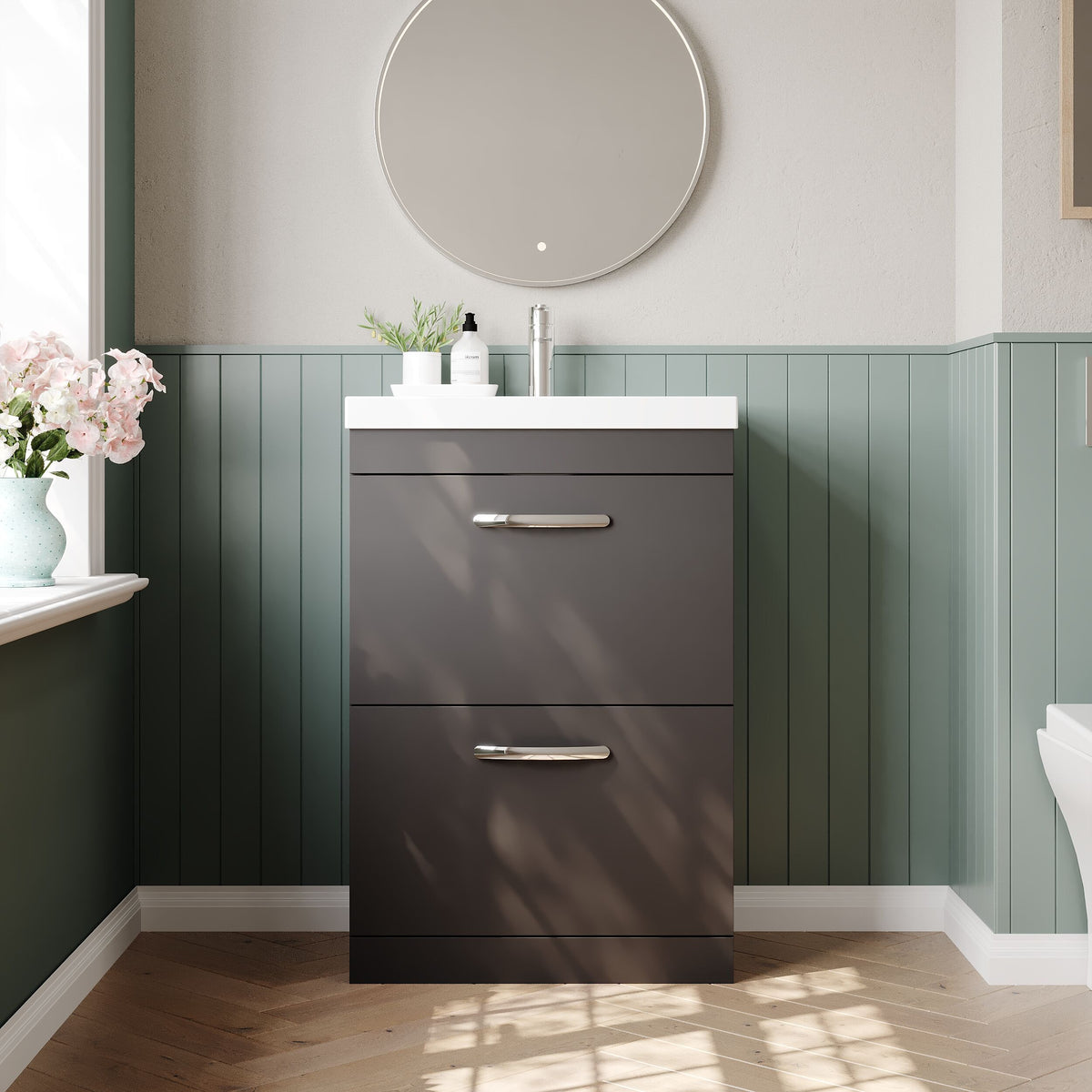 Modern Splash 600mm Gloss Grey 2 Drawer Floor Standing Cabinet With Thin Edge Basin