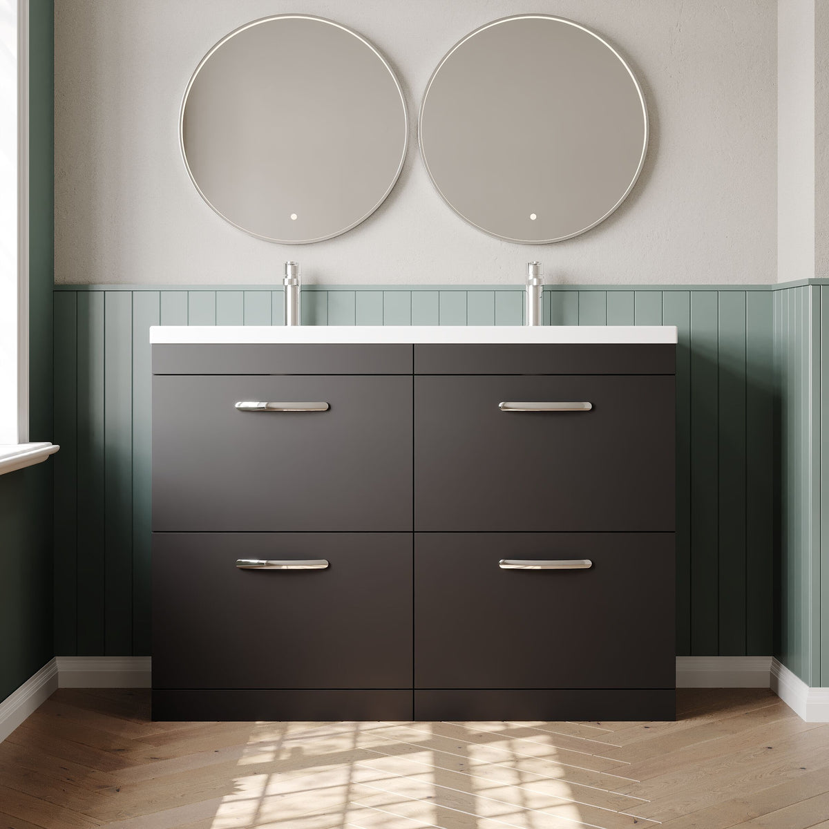 Modern Splash 1200mm Gloss Grey 4 Drawer Floor Standing Cabinet With 2 Tap Hole Ceramic Basin