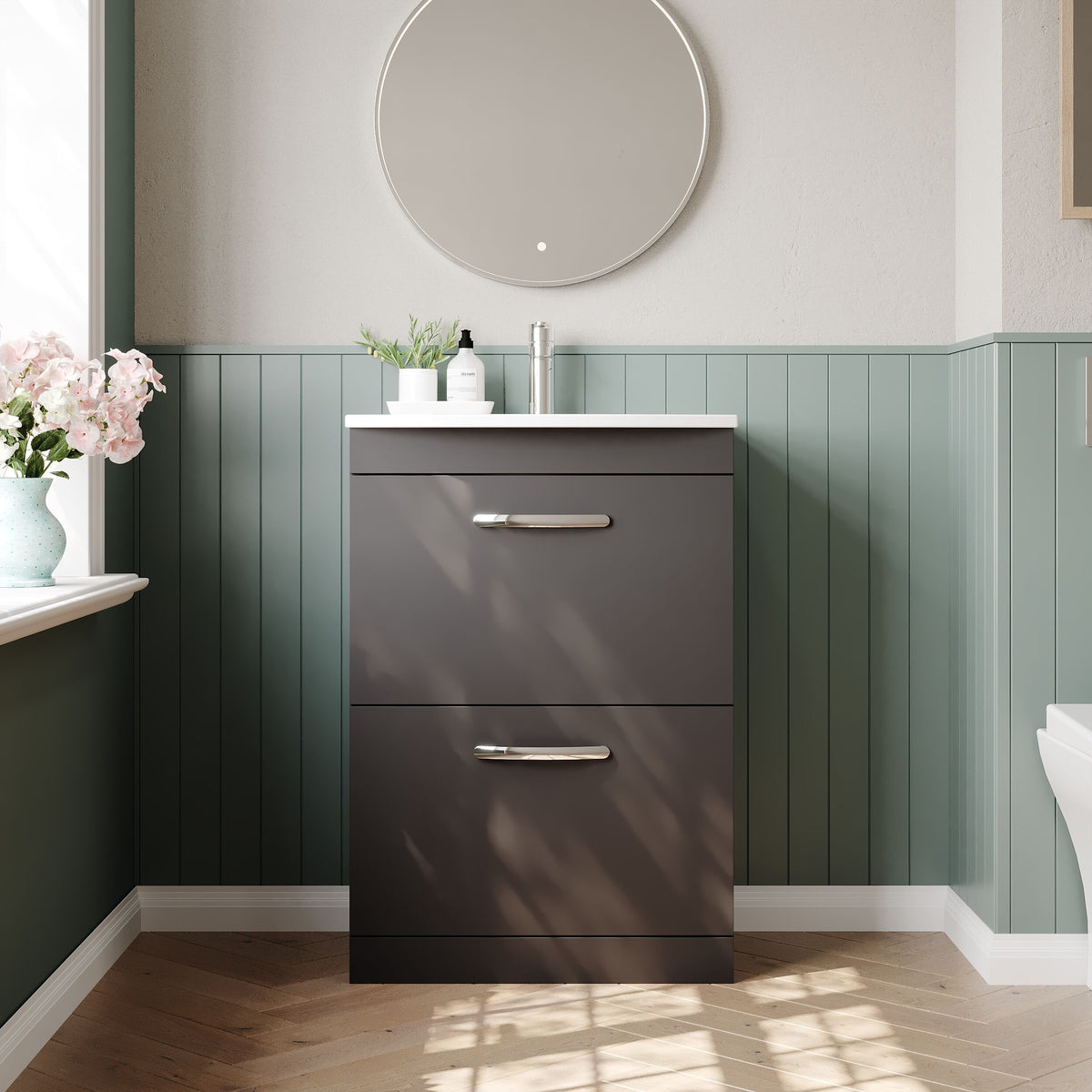 Modern Splash 600mm Gloss Grey 2 Drawer Floor Standing Cabinet With Curved Basin