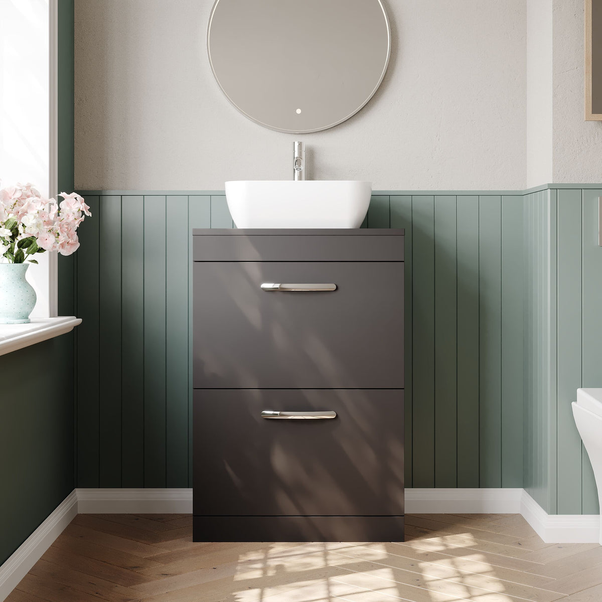 Modern Splash 600mm Gloss Grey 2 Drawer Floor Standing Vanity Unit With Co-ordinating Worktop