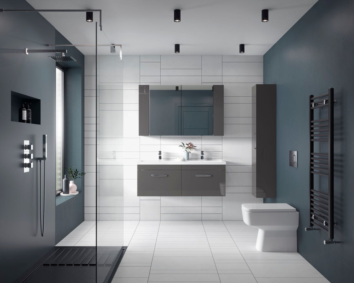 Modern Splash 1200mm Gloss Grey 4 Drawer Wall Hung Cabinet With 2 Tap Hole Polymarble basin