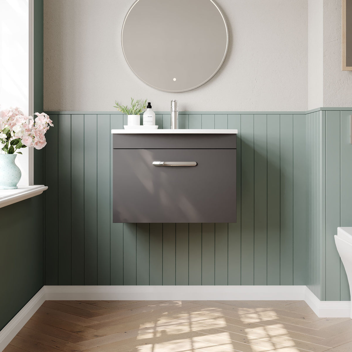 Modern Splash 600mm Gloss Grey 1 Drawer Wall Hung Cabinet With Curved Basin