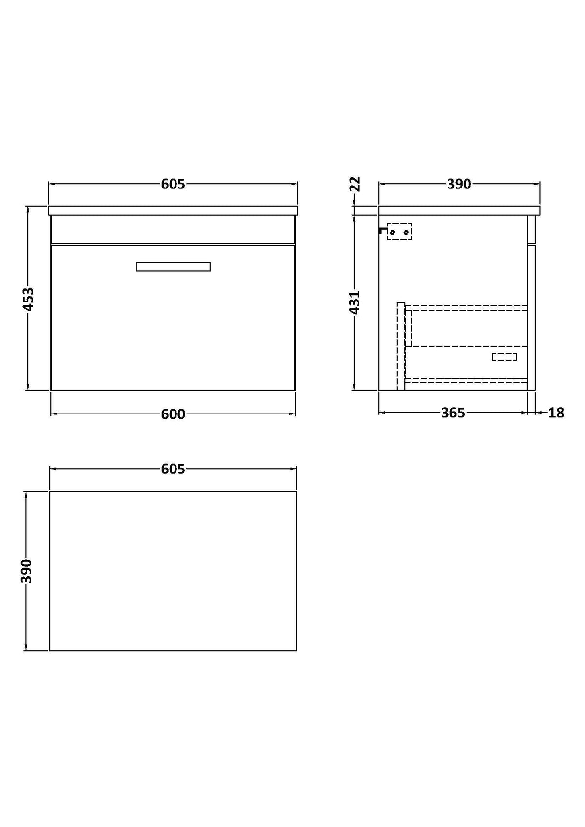 Modern Splash 600mm Gloss Grey 1 Drawer Wall Hung Vanity Unit With Carrara Laminate Worktop