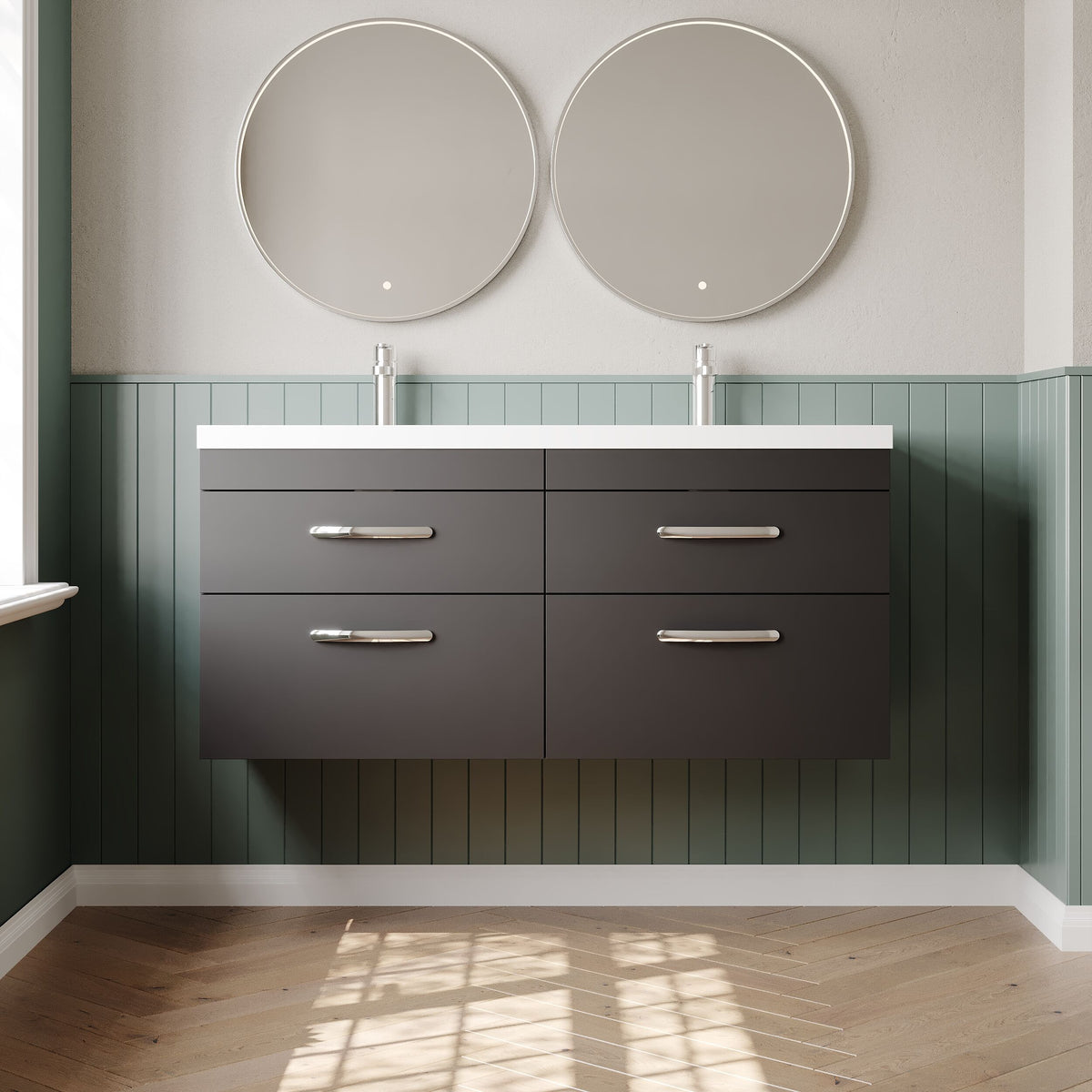 Modern Splash 1200mm Gloss Grey 4 Door Wall Hung Cabinet With 2 Tap Hole Polymarble basin
