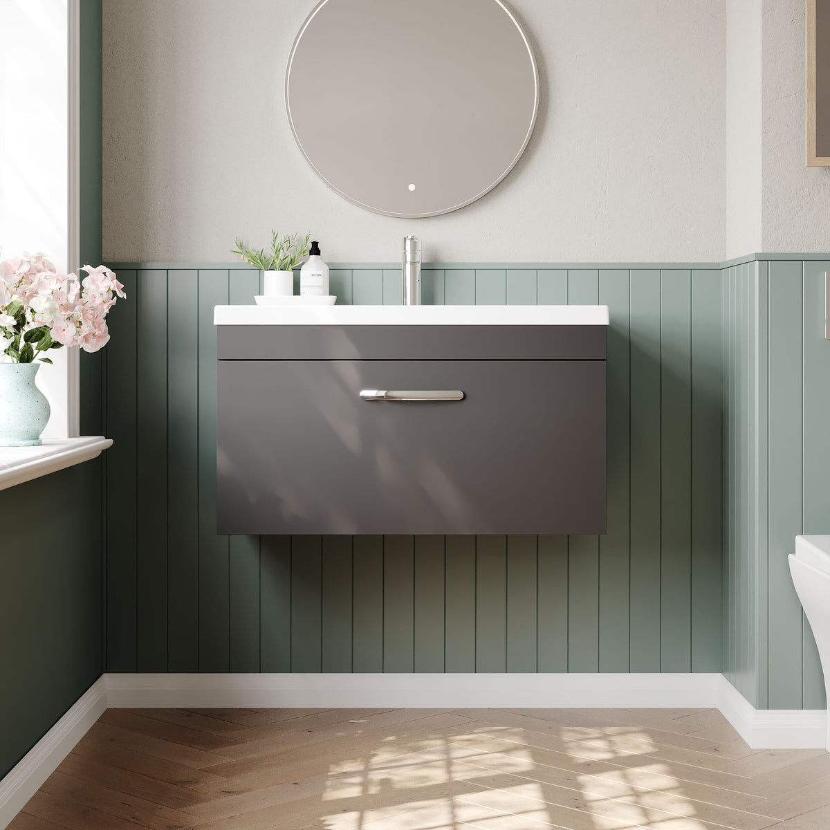 Modern Splash 800mm Gloss Grey 1 Drawer Wall Hung Cabinet With Mid-Edge Basin