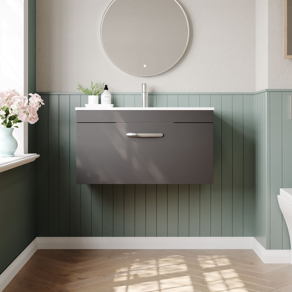 Modern Splash 800mm Gloss Grey 1 Drawer Wall Hung Cabinet With Minimalist Basin