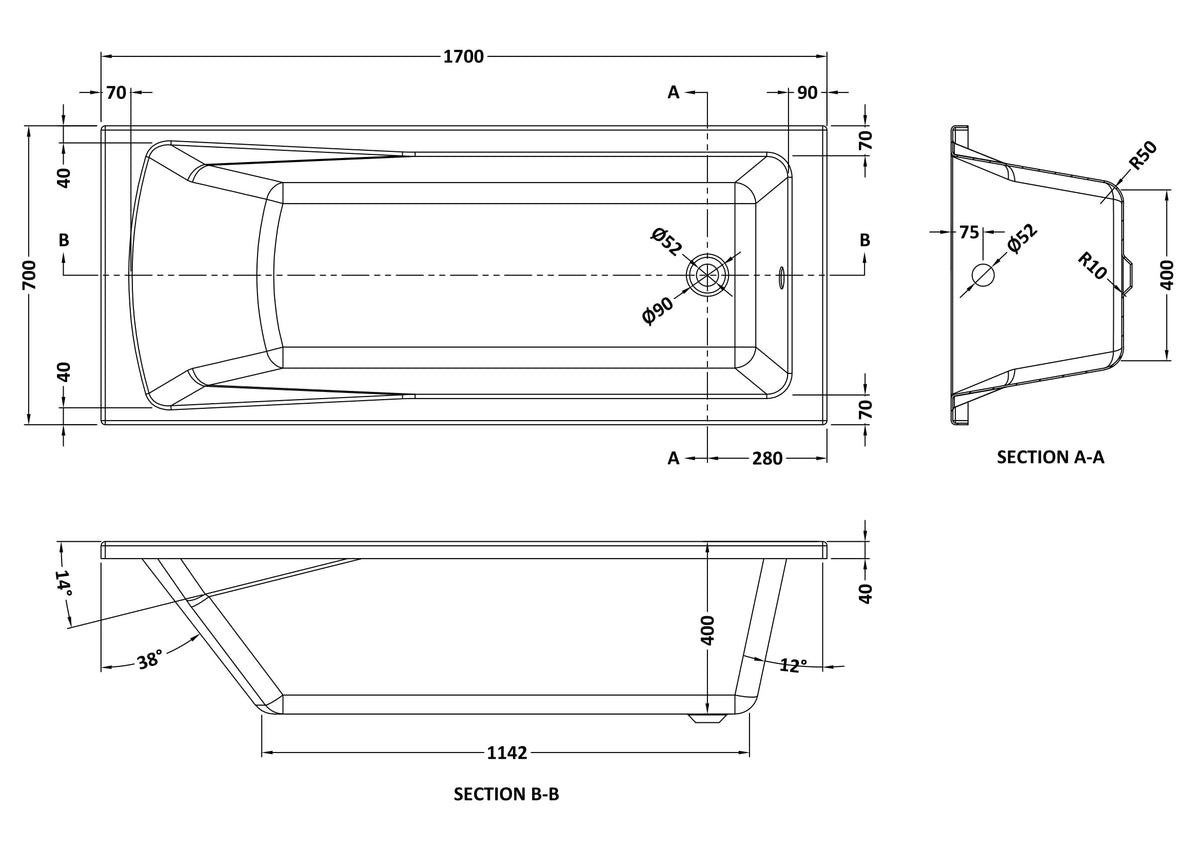 Modern Splash Eternalite 1700mm x 700mm Square Single Ended Bath With Legs