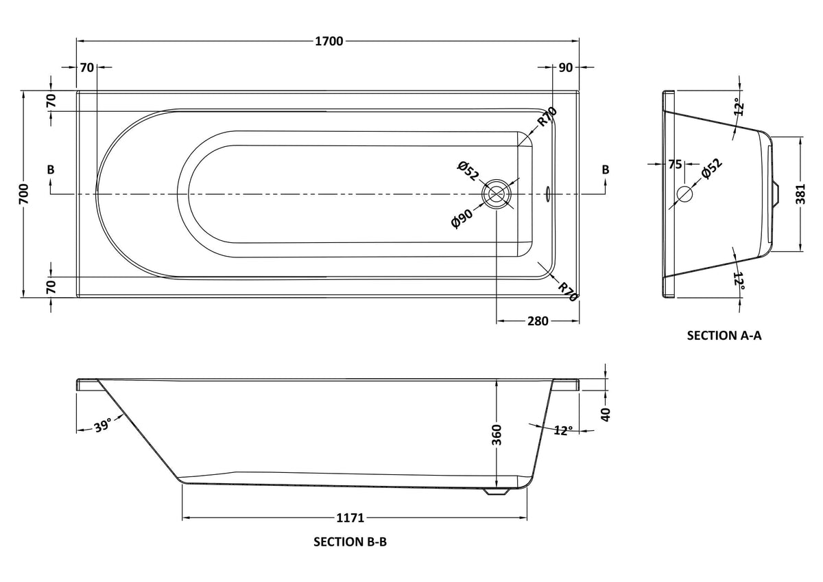 Modern Splash Eternalite 1700mm x 700mm Round Single Ended Bath With Legs