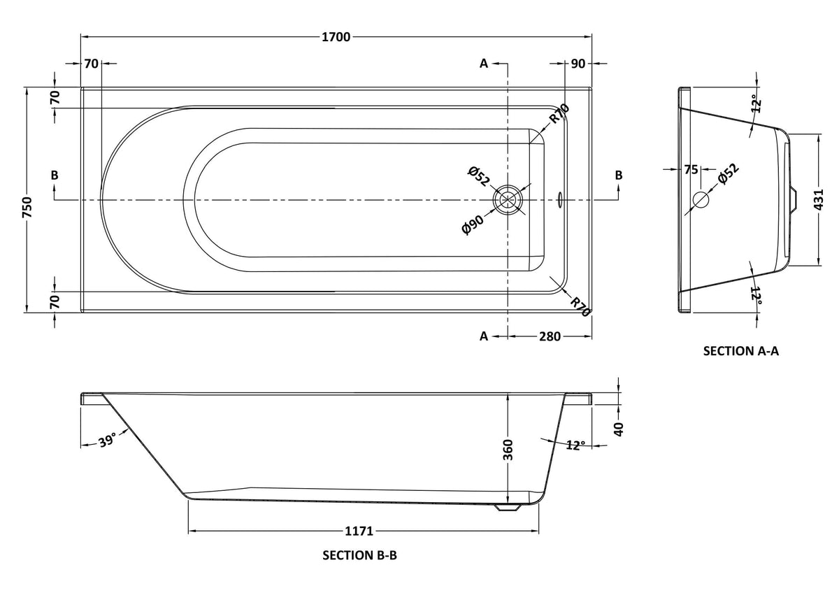 Modern Splash Eternalite 1700mm x 750mm Round Single Ended Bath With Legs