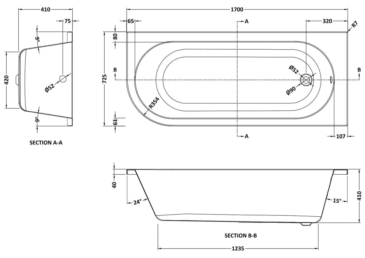Modern Splash 1700mm Right-Hand Curved Corner Bath With Legs And Panel