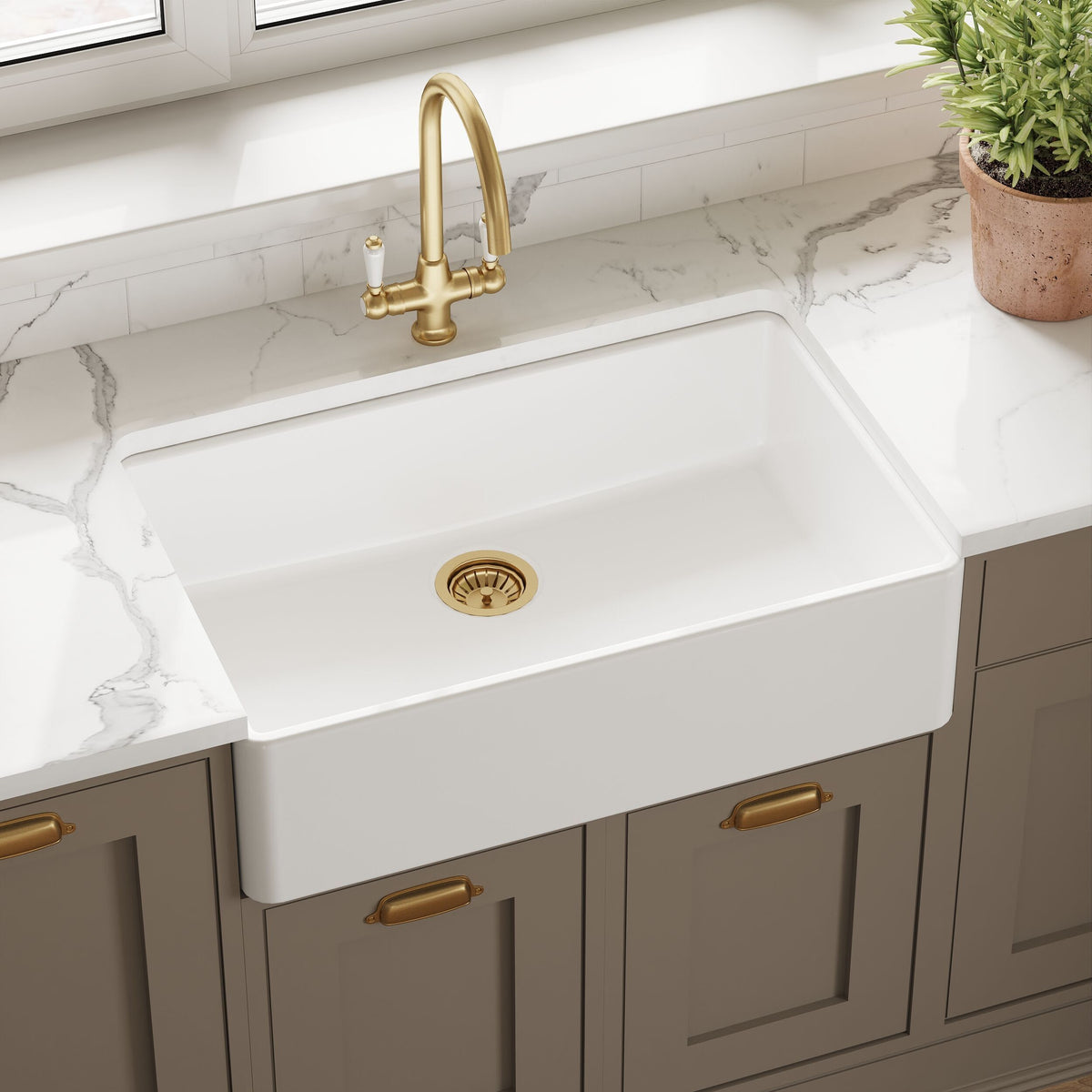 Modern Splash 795mm x 500mm x 220mm Fireclay White Single Bowl Butler Sink With Offset Waste