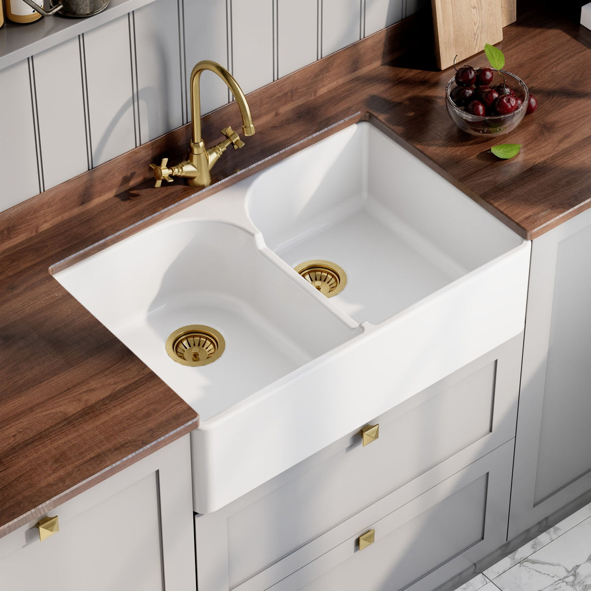 Modern Splash 795mm x 500mm x 220mm Fireclay White Double Bowl Butler Sink With Offset Waste And Stepped Weir