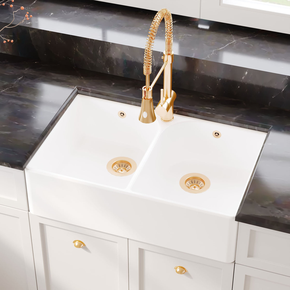 Modern Splash 795mm x 500mm x 220mm Fireclay White Double Bowl Butler Sink With Full Weir And Overflow