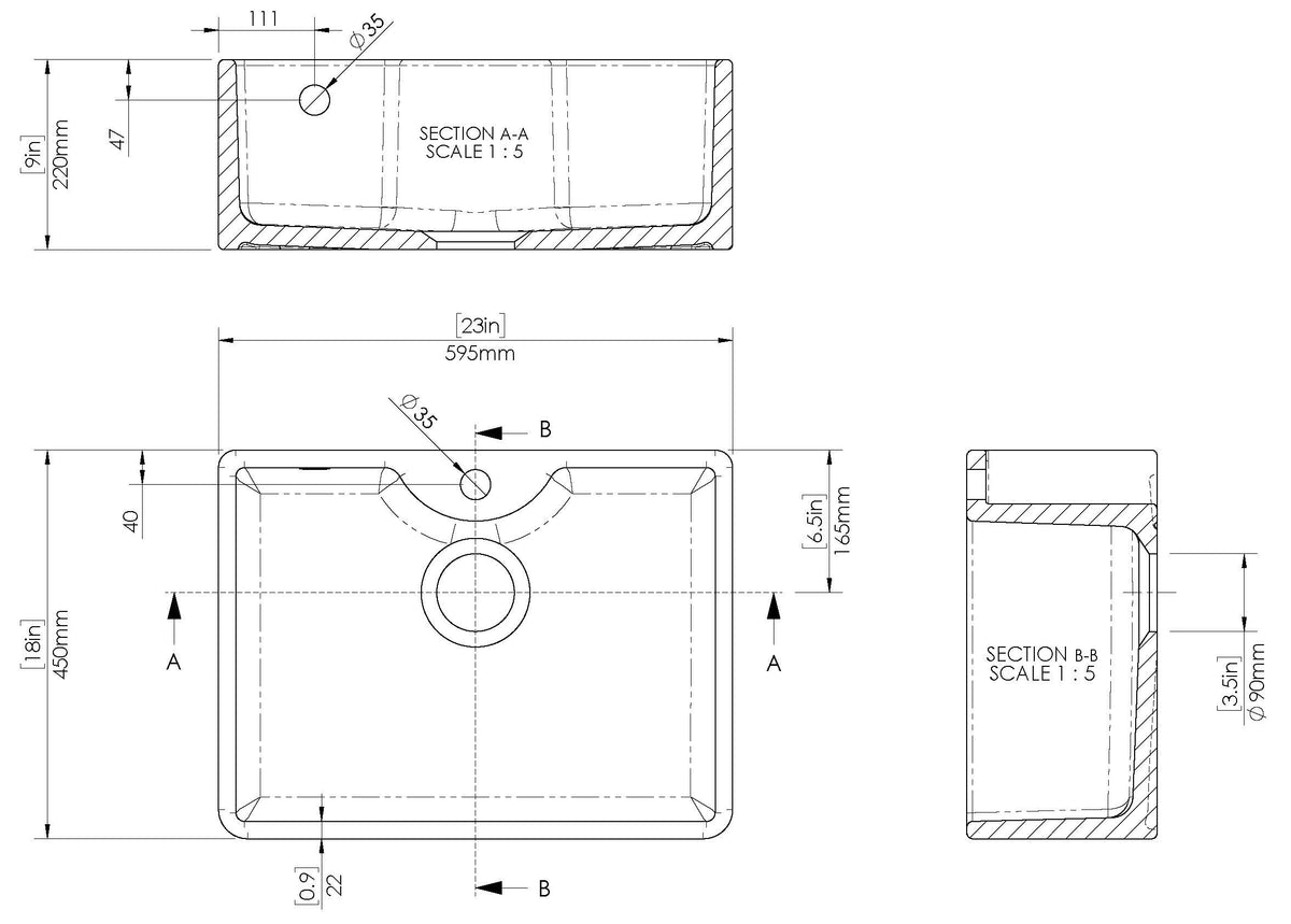 Modern Splash 595mm x 450mm x 220mm Fireclay White 1 Tap Hole Single Bowl Butler Sink With Offset Waste And Overflow