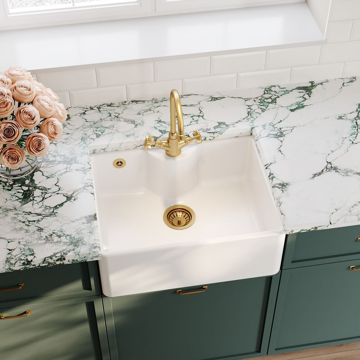 Modern Splash 595mm x 450mm x 220mm Fireclay White 1 Tap Hole Single Bowl Butler Sink With Offset Waste And Overflow
