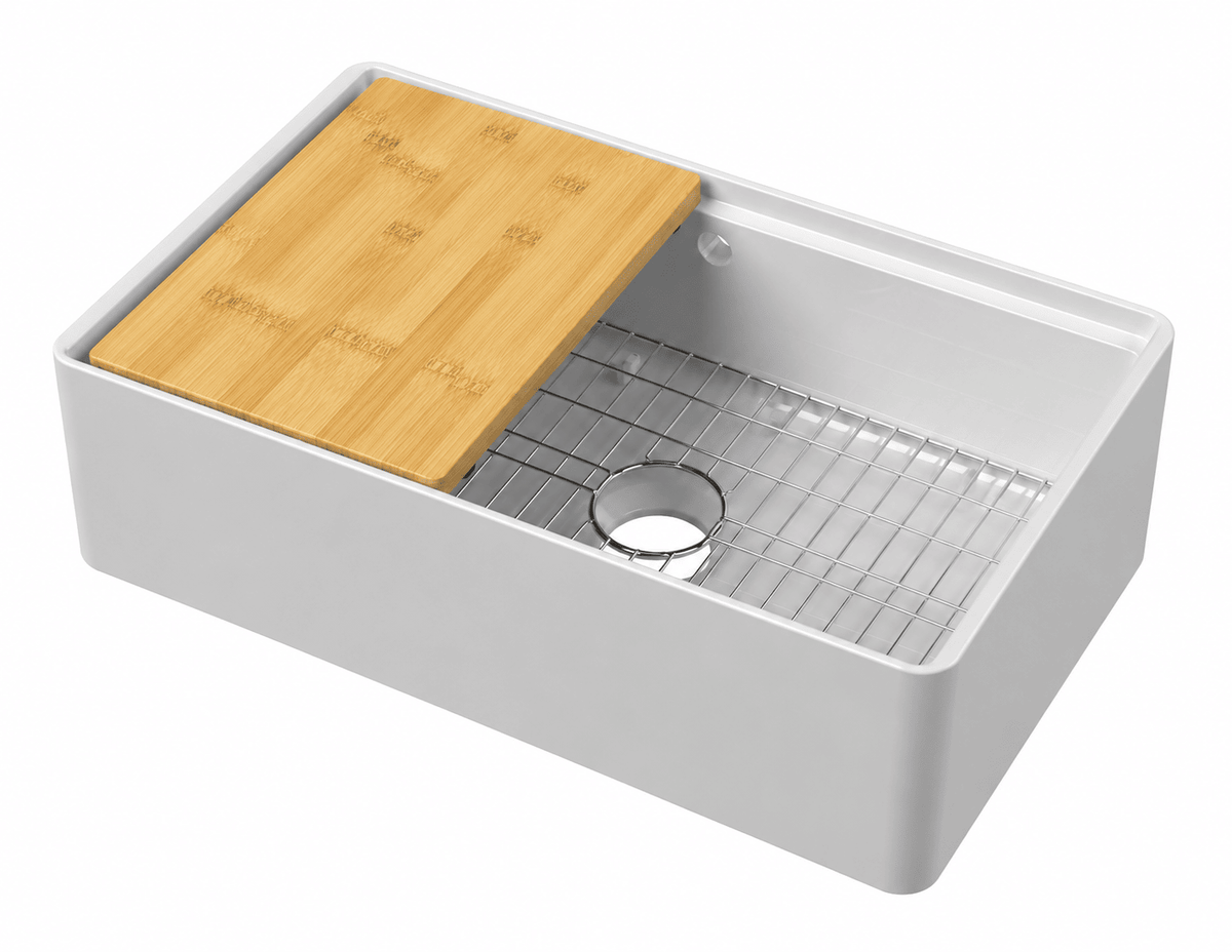 Modern Splash 795mm x 460mm x 220mm Fireclay White Single Bowl Butler Sink With Ledge, Wire Grid And Bamboo Chopping Board