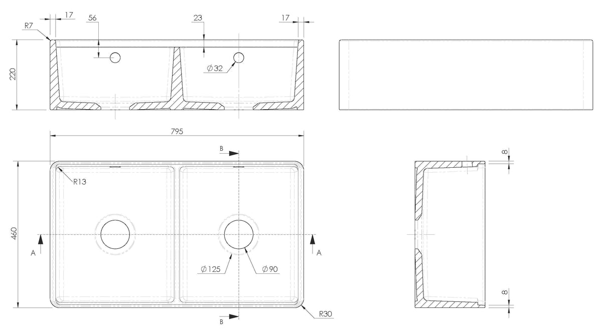 Modern Splash 795mm x 460mm x 220mm Fireclay White Double Bowl Butler Sink With Ledge, Wire Grid And Bamboo Chopping Board