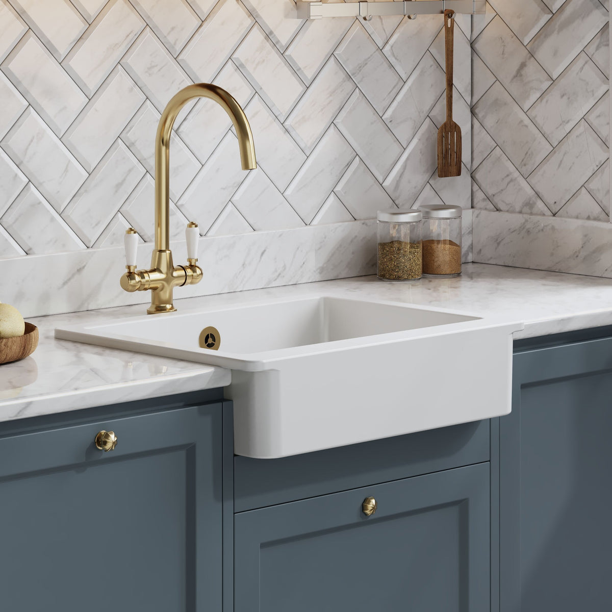 Modern Splash 595mm x 460mm x 200mm Fireclay White Single Bowl Overmount Butler Sink