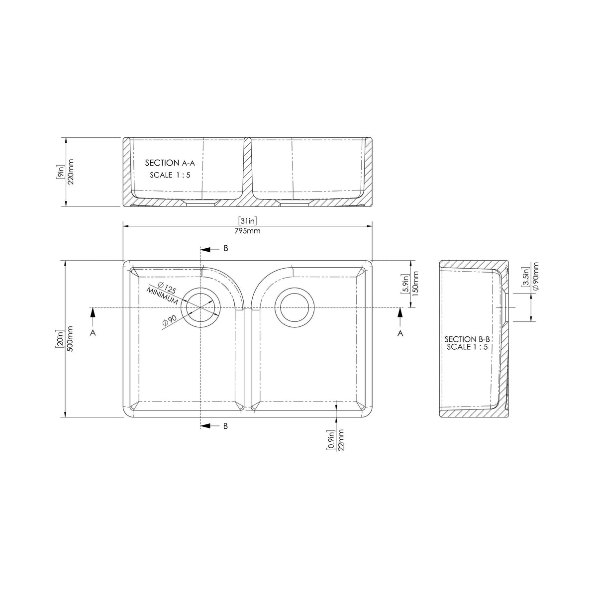 Modern Splash 795mm x 500mm x 220mm Fireclay Soft Black Double Bowl Butler Sink With Full Weir and Offset Waste