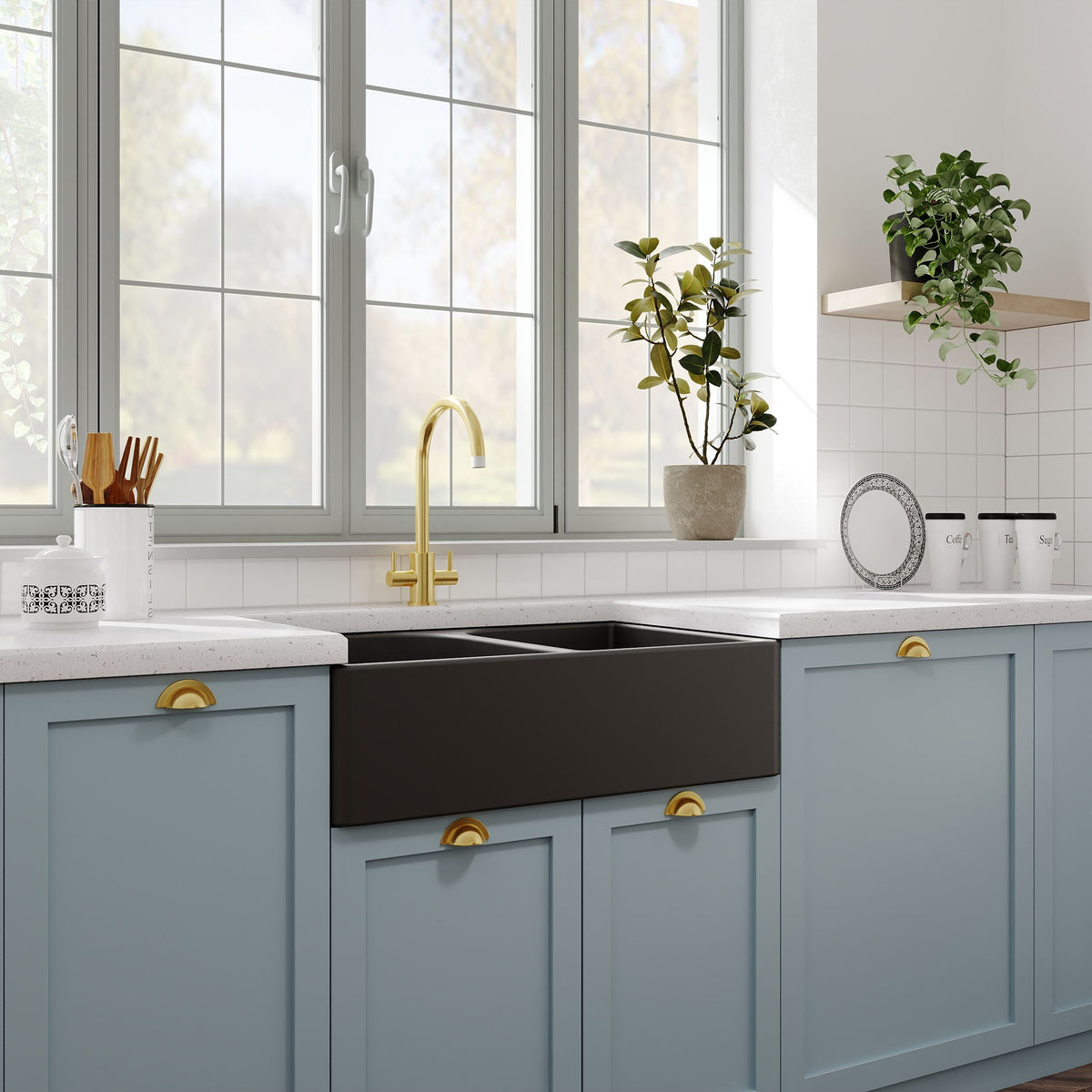 Modern Splash 795mm x 500mm x 220mm Fireclay Soft Black Double Bowl Butler Sink With Full Weir and Offset Waste